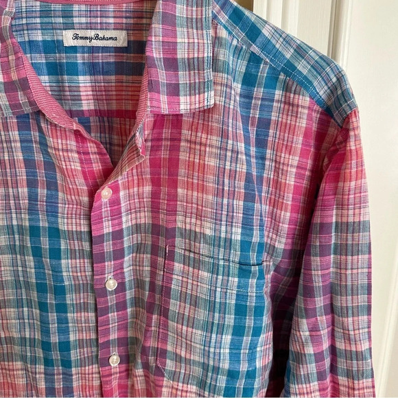 Tommy Bahama Mens XL 100% Linen Summer Plaid Button Up Shirt Blue Pink Preppy - Picture 4 of 6